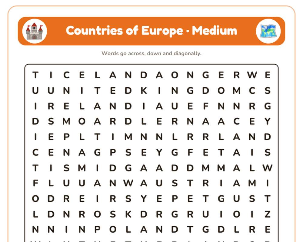 Countries of Europe Word Search Printable: 4 Puzzles (Easy to Hard + Large Print) printable preview 2