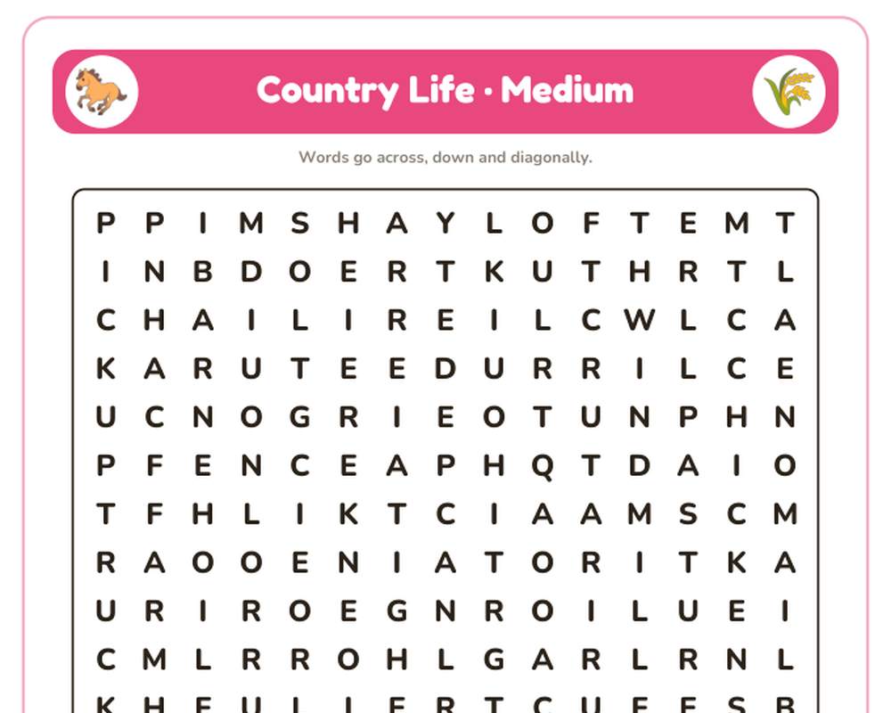 Country Life Word Search Printable: 4 Puzzles (Easy to Hard + Large Print) printable preview 2