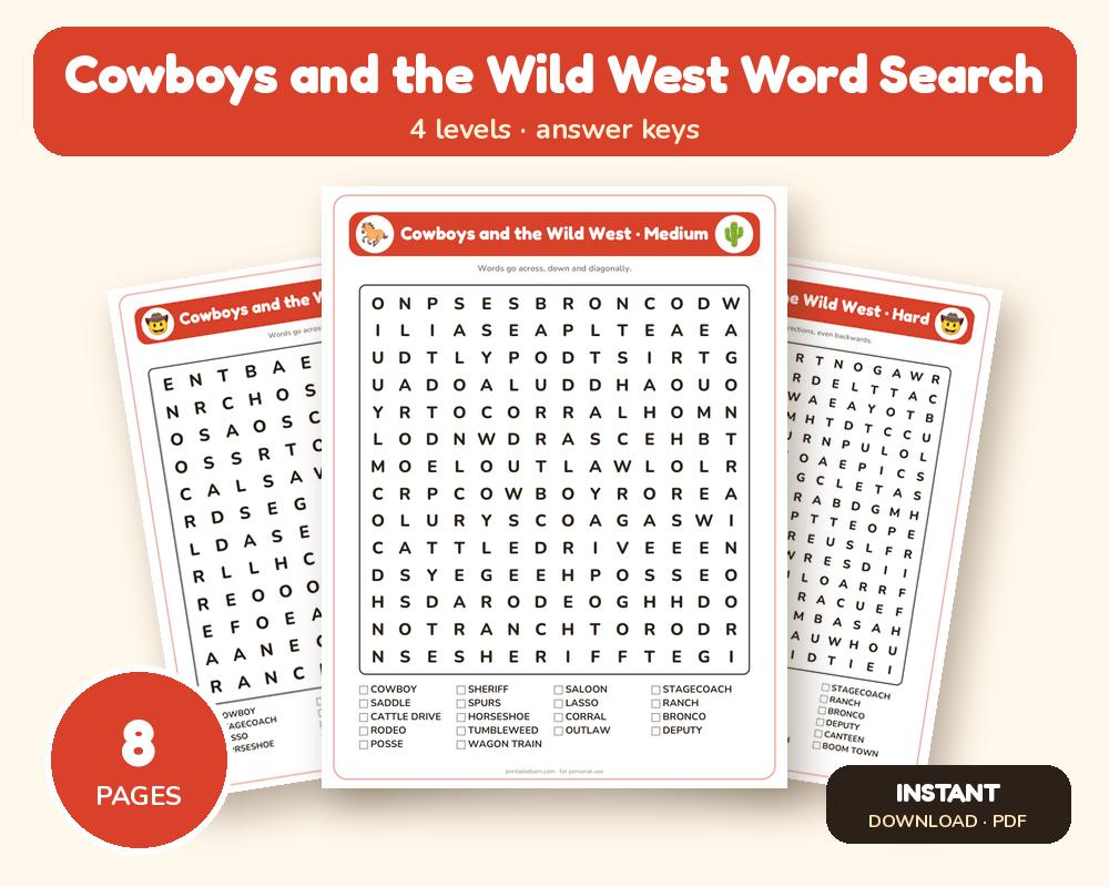 Cowboys and the Wild West Word Search Printable: 4 Puzzles (Easy to Hard + Large Print)