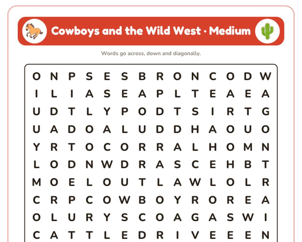 Free printable Cowboys and the Wild West Word Search sample page