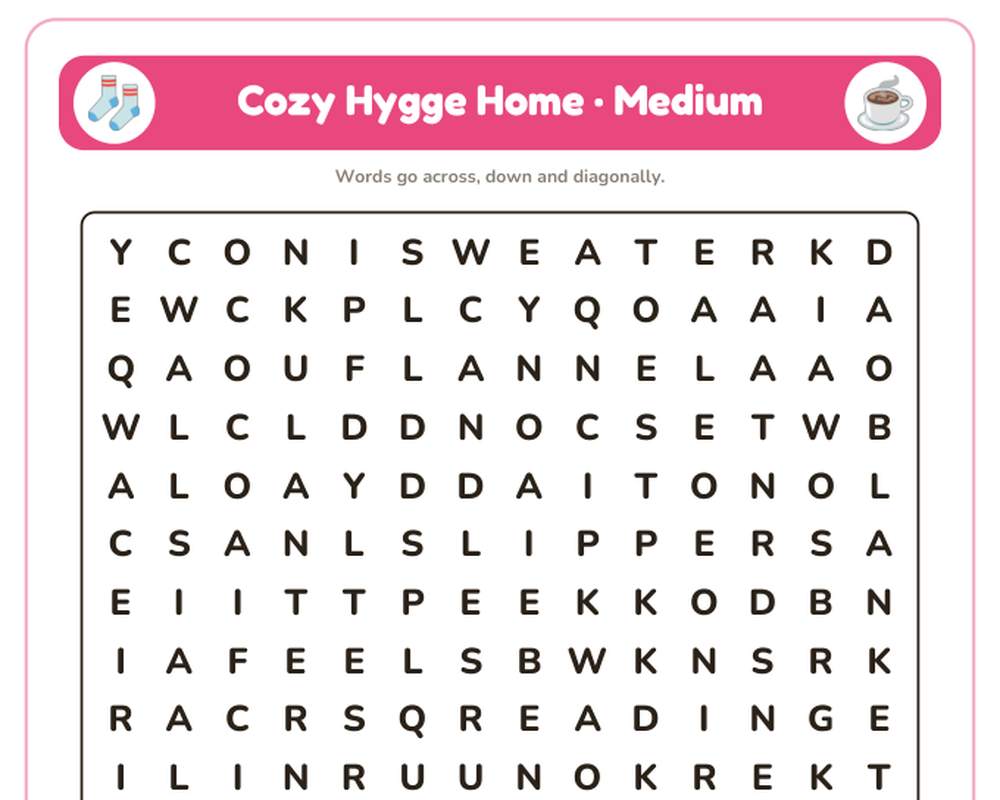 Free printable Cozy Hygge Home Word Search sample page