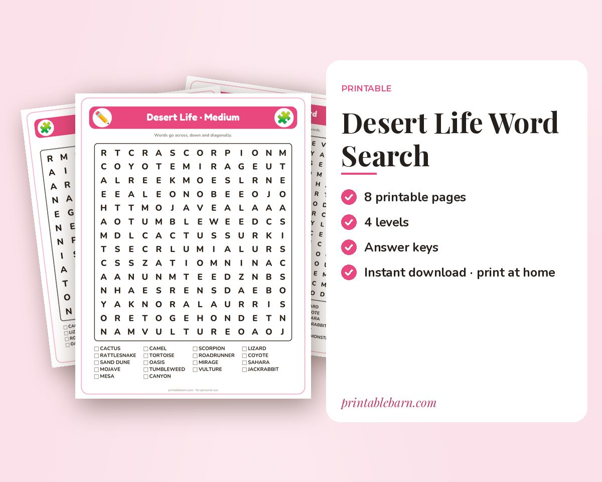 Desert Life Word Search Printable: 4 Puzzles (Easy to Hard + Large Print) printable preview 1