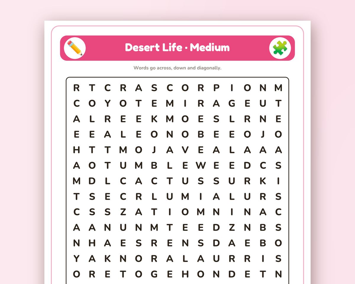 Desert Life Word Search Printable: 4 Puzzles (Easy to Hard + Large Print) printable preview 2