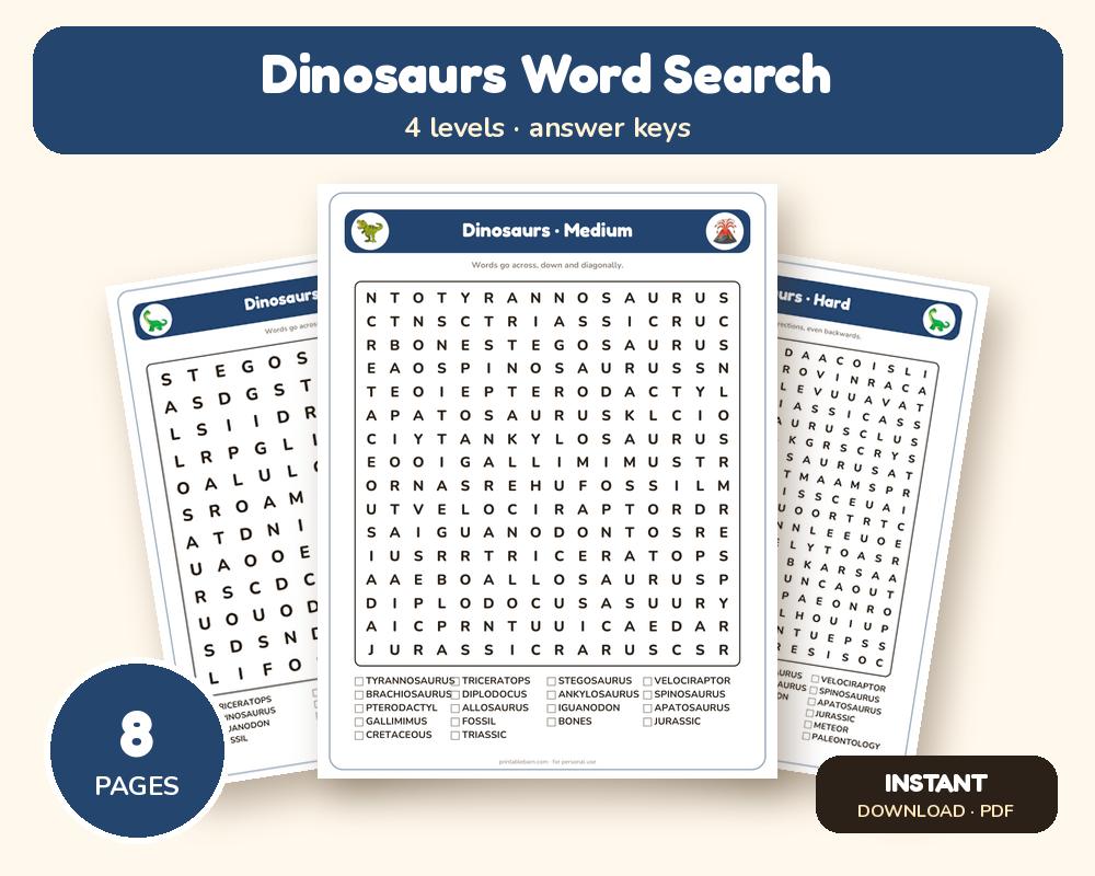 Dinosaurs Word Search Printable: 4 Puzzles (Easy to Hard + Large Print)