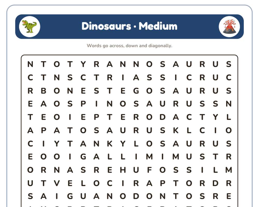 Dinosaurs Word Search Printable: 4 Puzzles (Easy to Hard + Large Print) printable preview 2