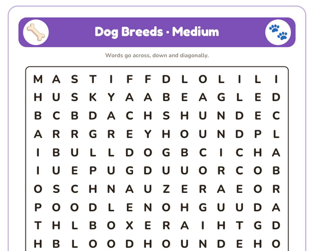 Dog Breeds Word Search Printable: 4 Puzzles (Easy to Hard + Large Print) printable preview 2