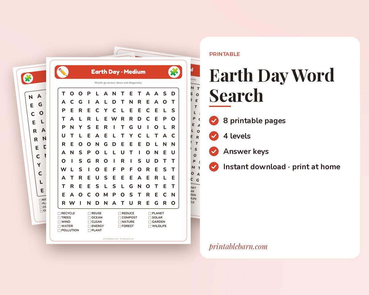 Earth Day Word Search Printable: 4 Puzzles (Easy to Hard + Large Print) printable preview 1