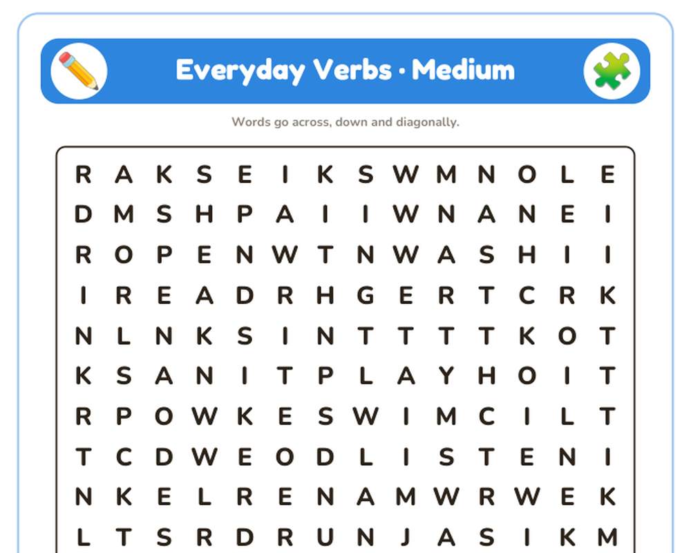 Everyday Verbs Word Search Printable: 4 Puzzles (Easy to Hard + Large Print) printable preview 2