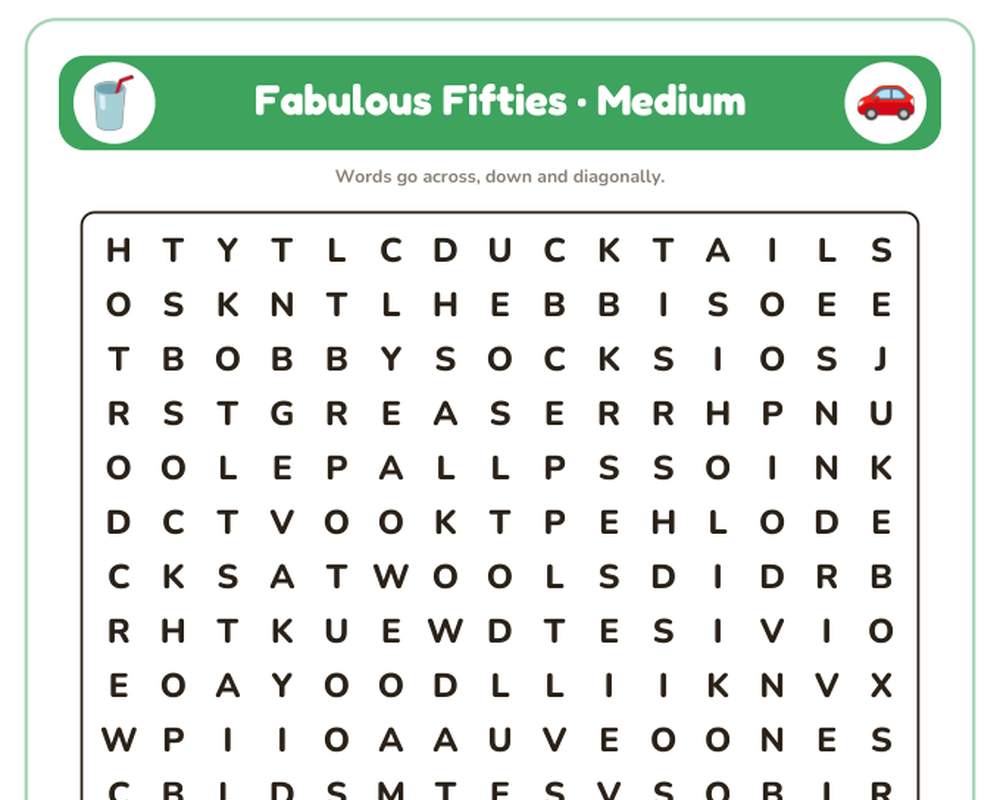 Free printable Fabulous Fifties Word Search sample page