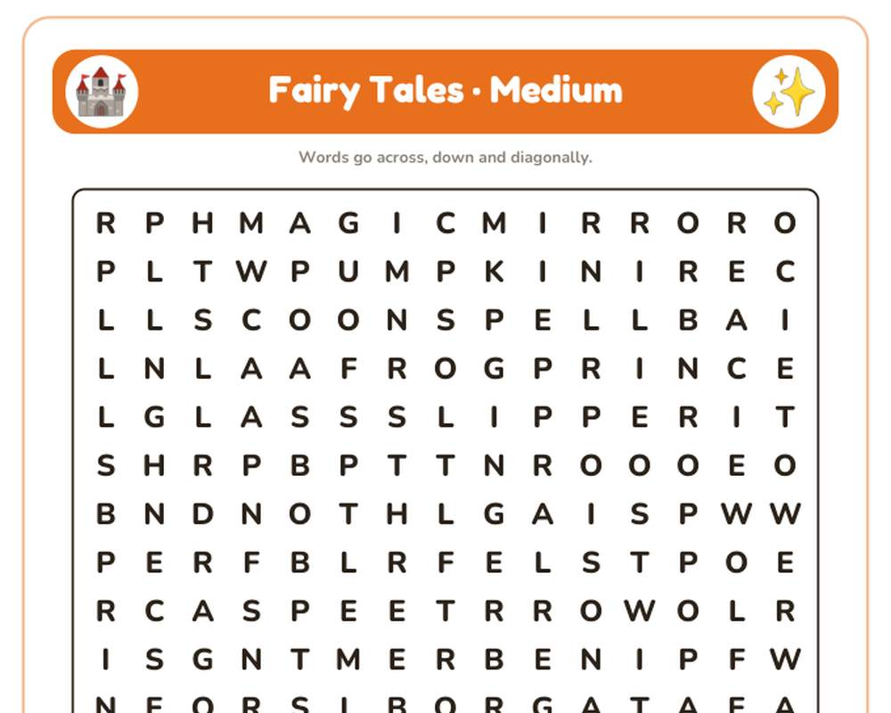 Fairy Tales Word Search Printable: 4 Puzzles (Easy to Hard + Large Print) printable preview 2