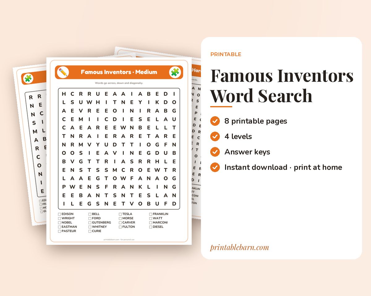 Famous Inventors Word Search Printable: 4 Puzzles (Easy to Hard + Large Print) printable preview 1