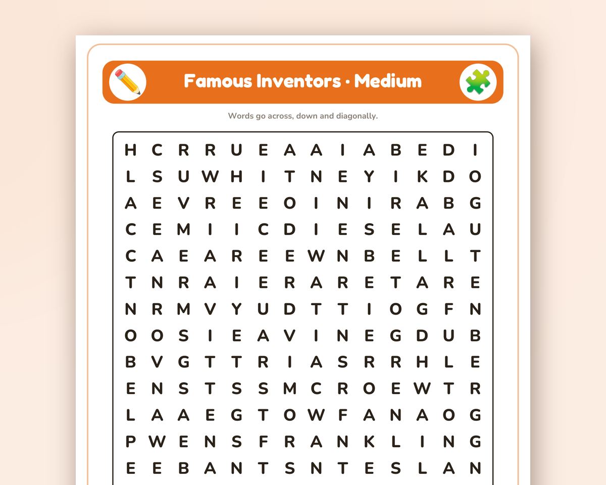 Famous Inventors Word Search Printable: 4 Puzzles (Easy to Hard + Large Print) printable preview 2