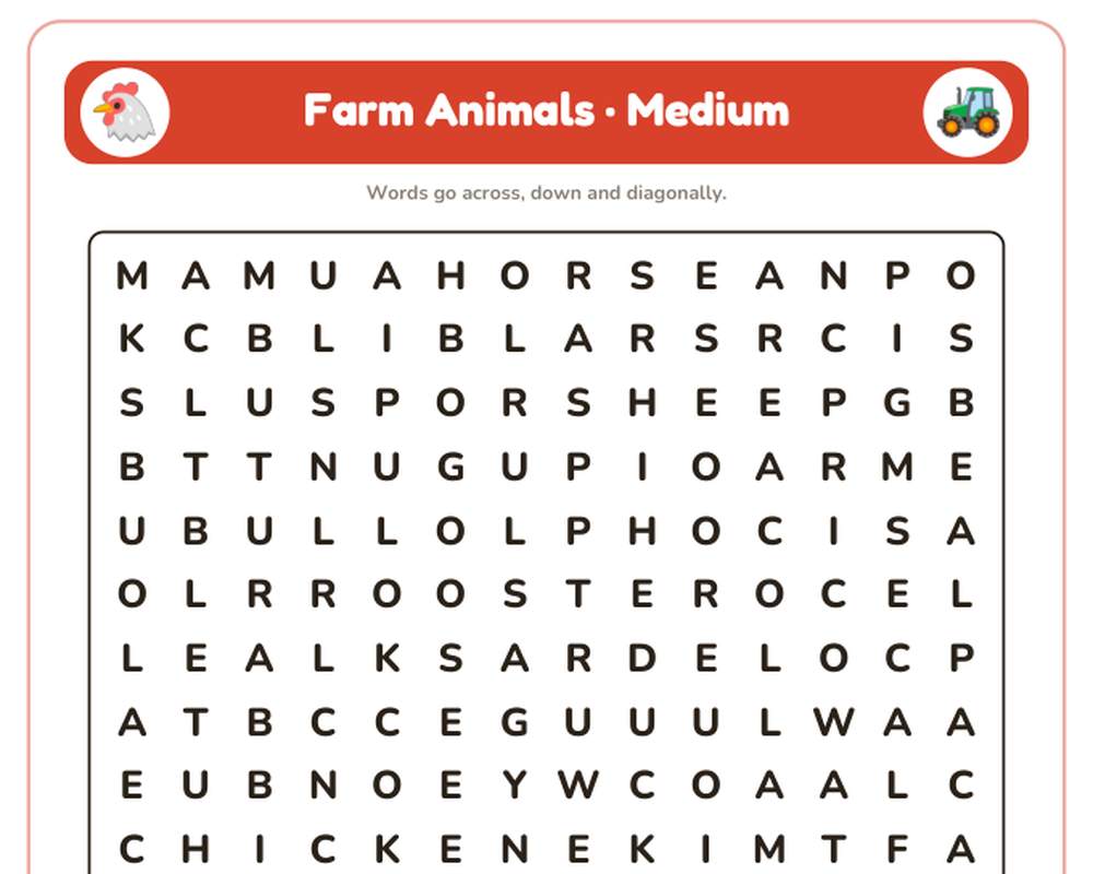 Farm Animals Word Search Printable: 4 Puzzles (Easy to Hard + Large Print) printable preview 2