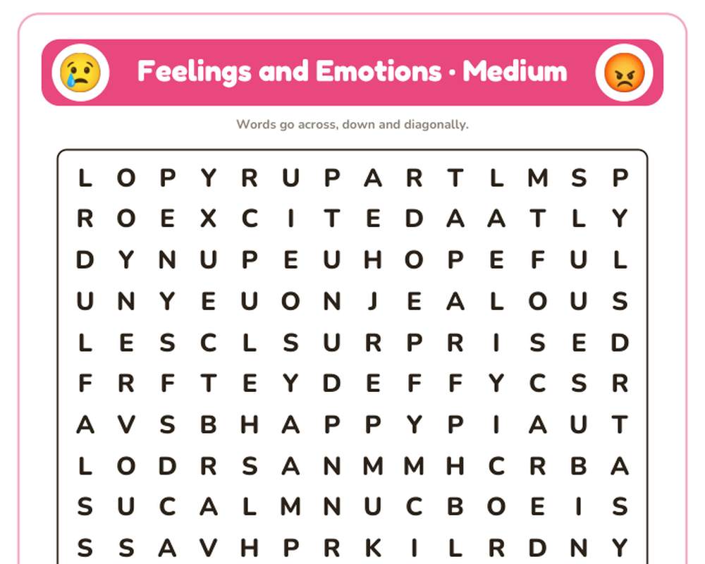 Feelings and Emotions Word Search Printable: 4 Puzzles (Easy to Hard + Large Print) printable preview 2