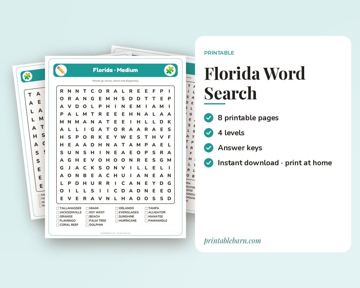 Florida Word Search Printable: 4 Puzzles (Easy to Hard + Large Print) printable preview 1