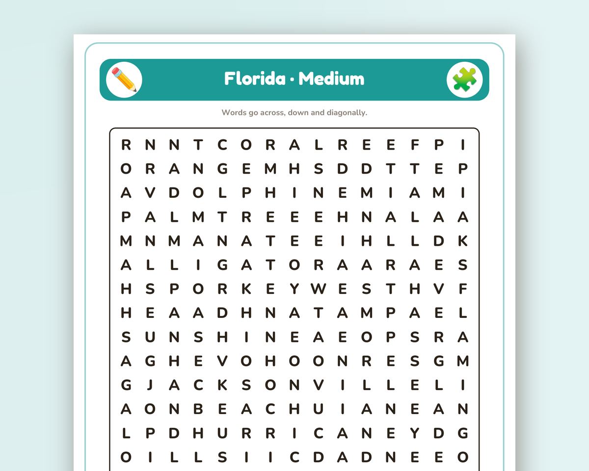 Florida Word Search Printable: 4 Puzzles (Easy to Hard + Large Print) printable preview 2