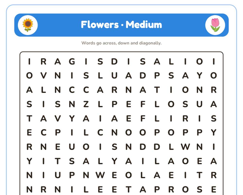 Flowers Word Search Printable: 4 Puzzles (Easy to Hard + Large Print) printable preview 2