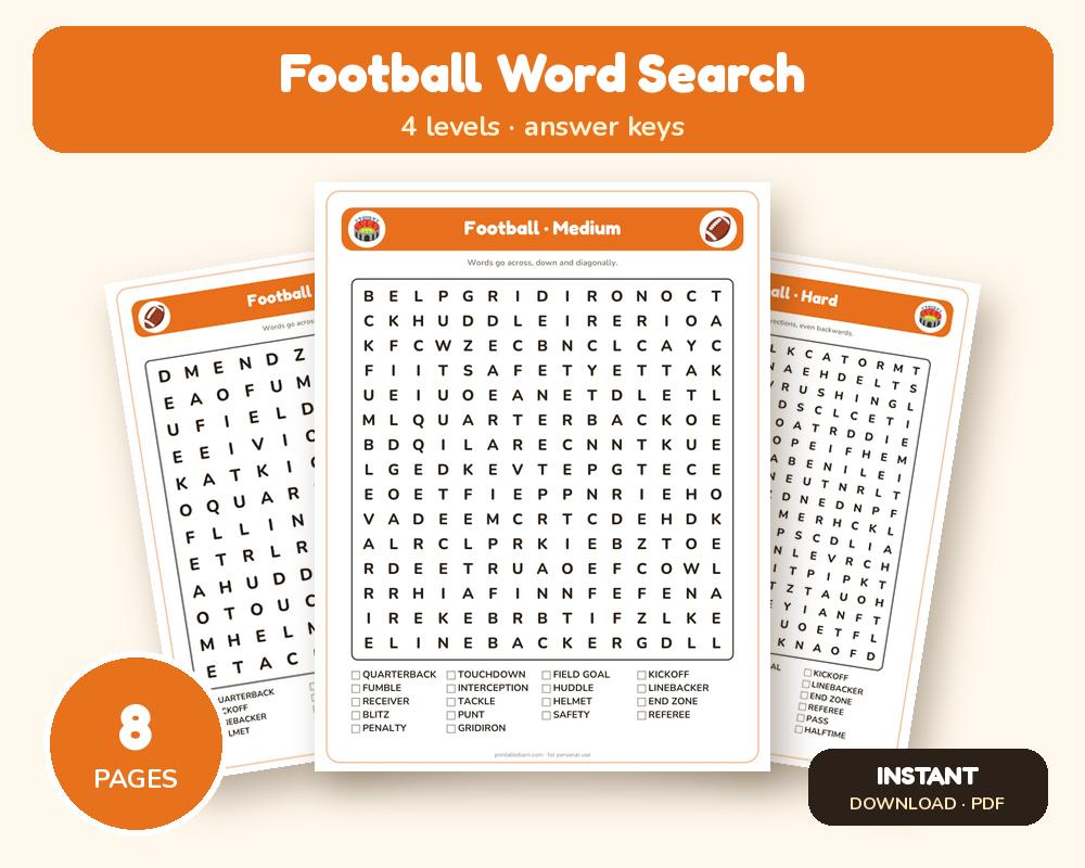 Football Word Search Printable: 4 Puzzles (Easy to Hard + Large Print)