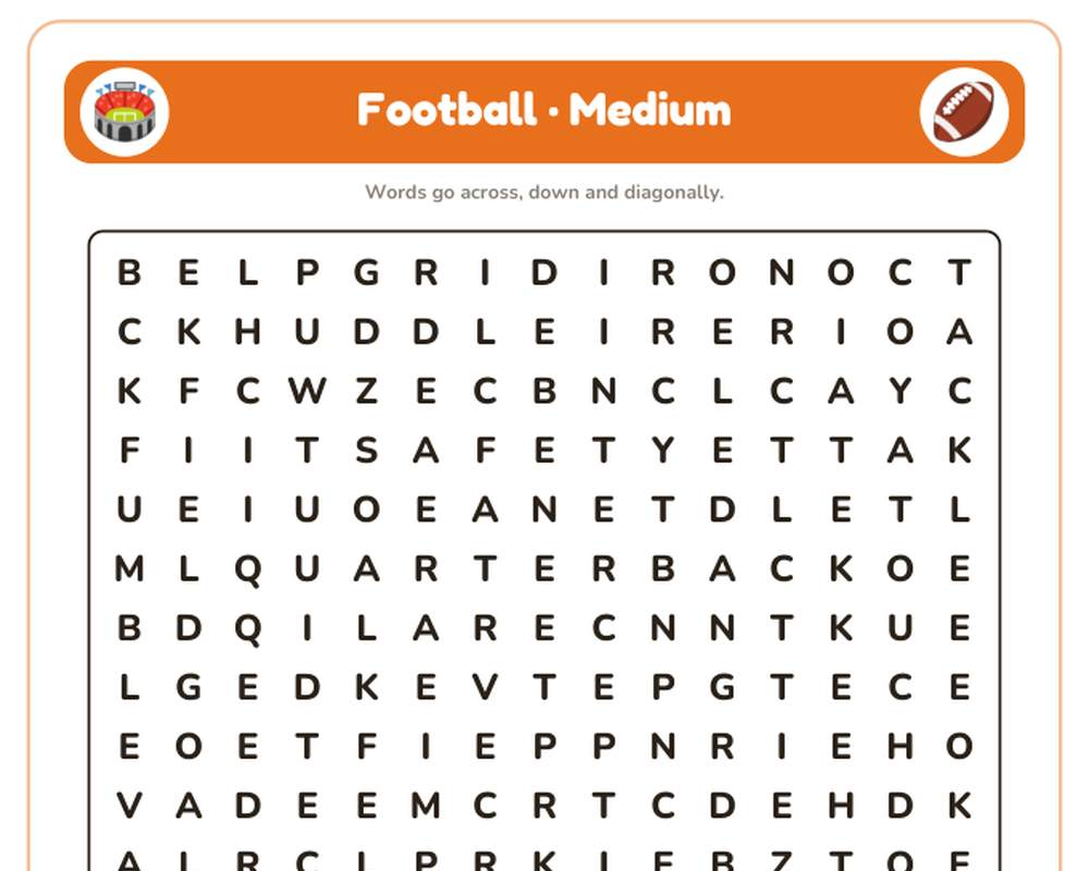 Football Word Search Printable: 4 Puzzles (Easy to Hard + Large Print) printable preview 2