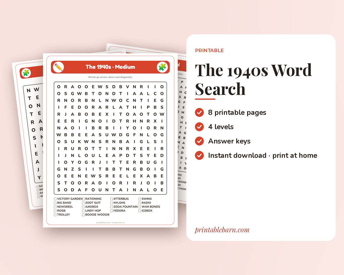 The 1940s Word Search Printable: 4 Puzzles (Easy to Hard + Large Print) printable preview 1