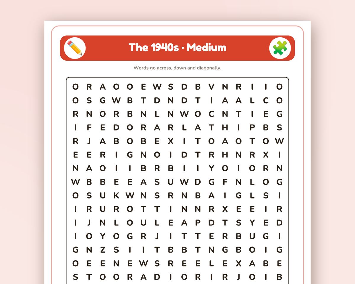 The 1940s Word Search Printable: 4 Puzzles (Easy to Hard + Large Print) printable preview 2