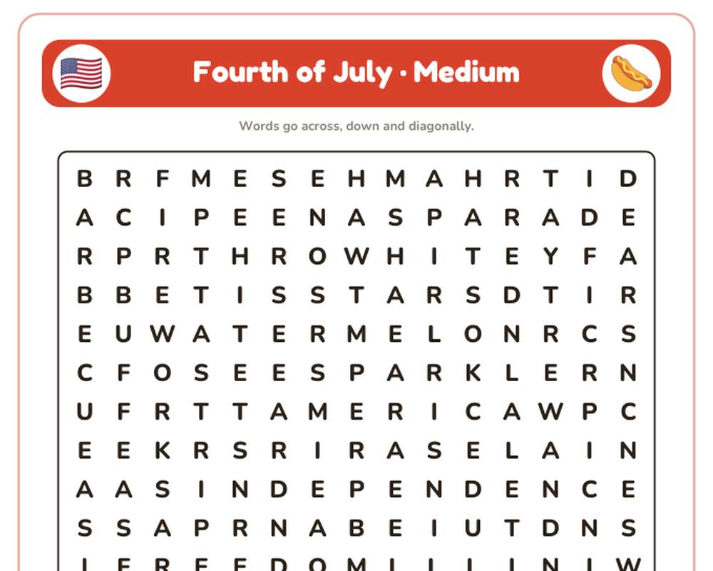 Free printable Fourth of July Word Search sample page