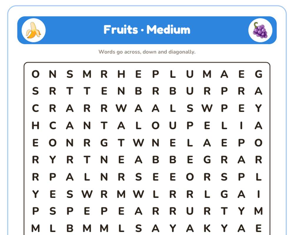 Fruits Word Search Printable: 4 Puzzles (Easy to Hard + Large Print) printable preview 2