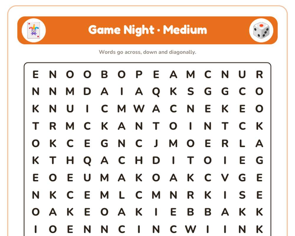 Game Night Word Search Printable: 4 Puzzles (Easy to Hard + Large Print) printable preview 2
