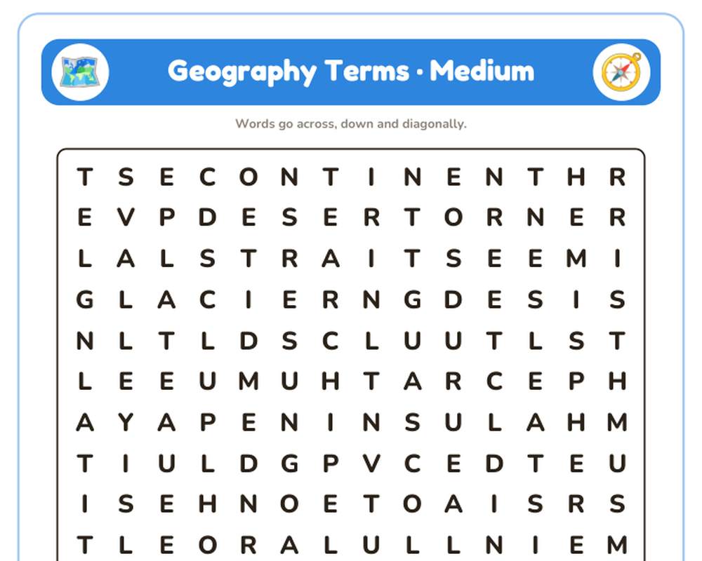 Geography Terms Word Search Printable: 4 Puzzles (Easy to Hard + Large Print) printable preview 2
