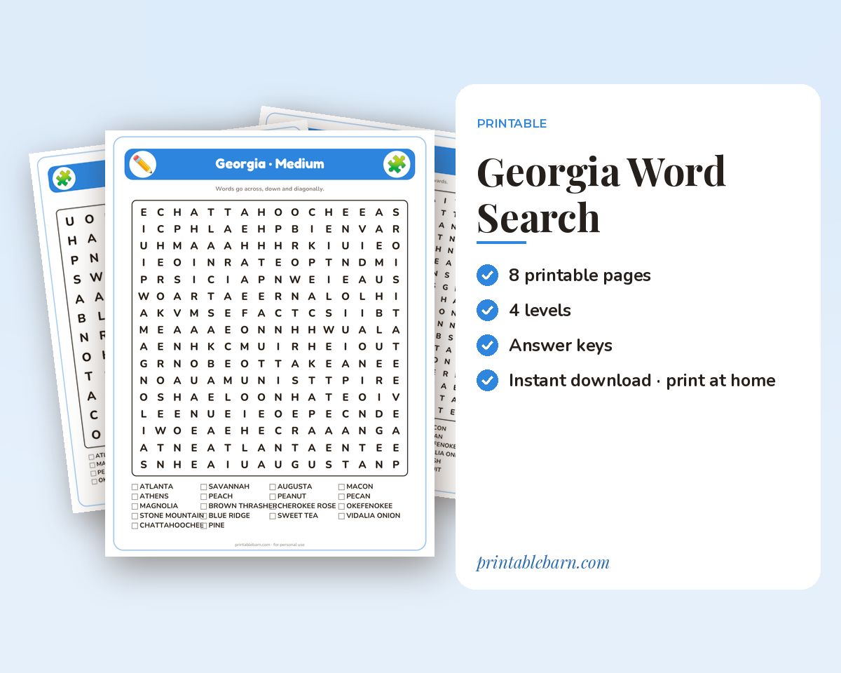 Georgia Word Search Printable: 4 Puzzles (Easy to Hard + Large Print) printable preview 1