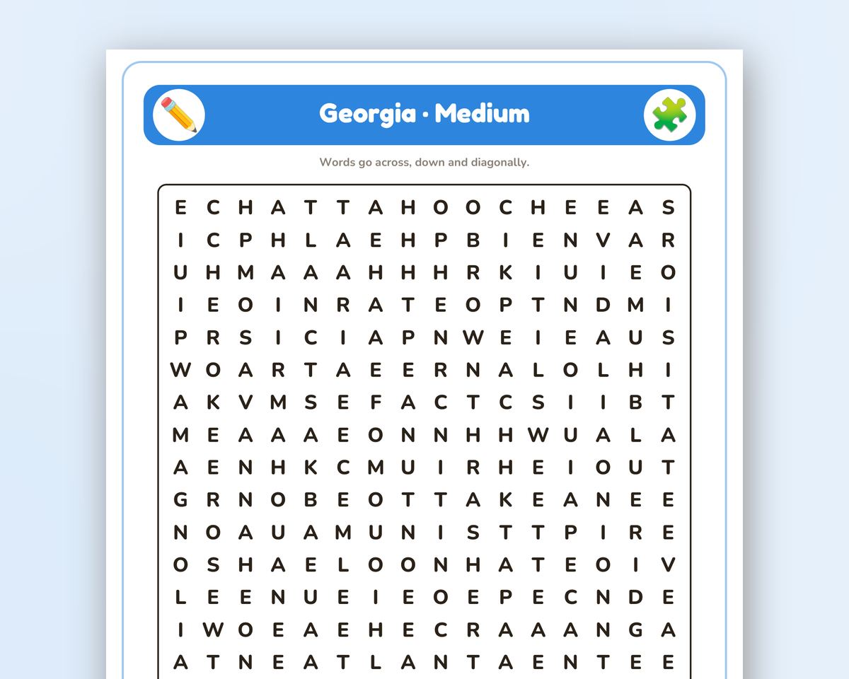 Georgia Word Search Printable: 4 Puzzles (Easy to Hard + Large Print) printable preview 2