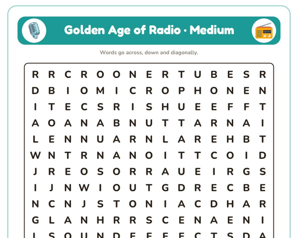 Golden Age of Radio Word Search Printable: 4 Puzzles (Easy to Hard + Large Print) printable preview 2