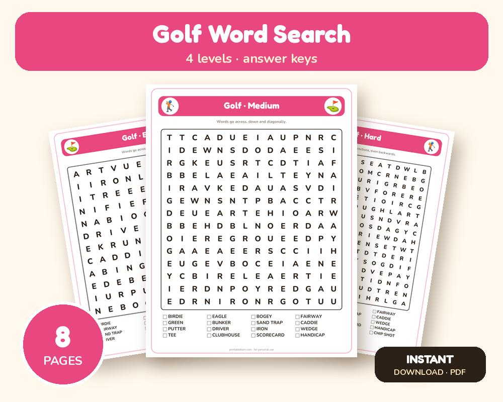 Golf Word Search Printable: 4 Puzzles (Easy to Hard + Large Print)
