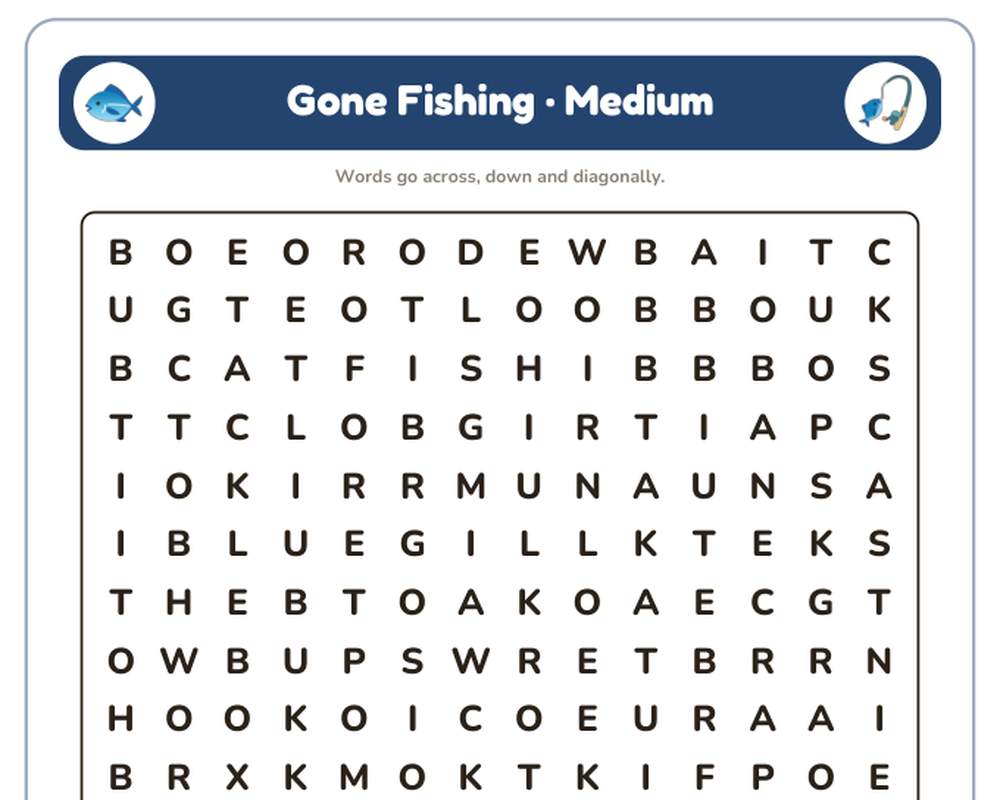 Gone Fishing Word Search Printable: 4 Puzzles (Easy to Hard + Large Print) printable preview 2