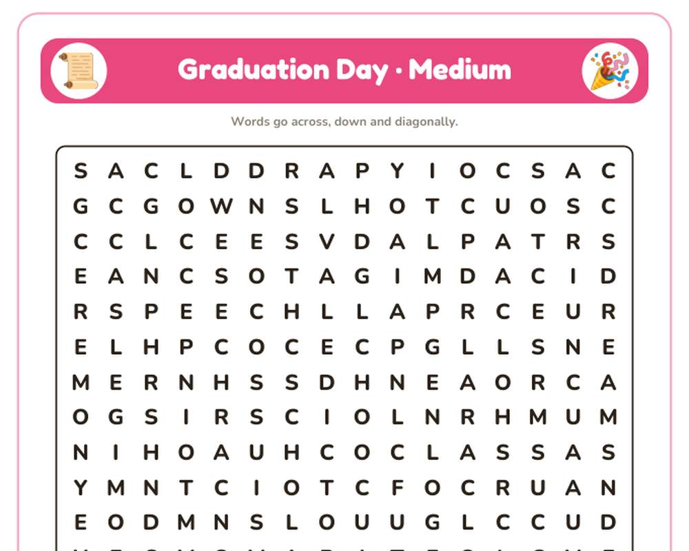 Graduation Day Word Search Printable: 4 Puzzles (Easy to Hard + Large Print) printable preview 2