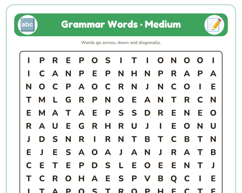 Grammar Words Word Search Printable: 4 Puzzles (Easy to Hard + Large Print) printable preview 2