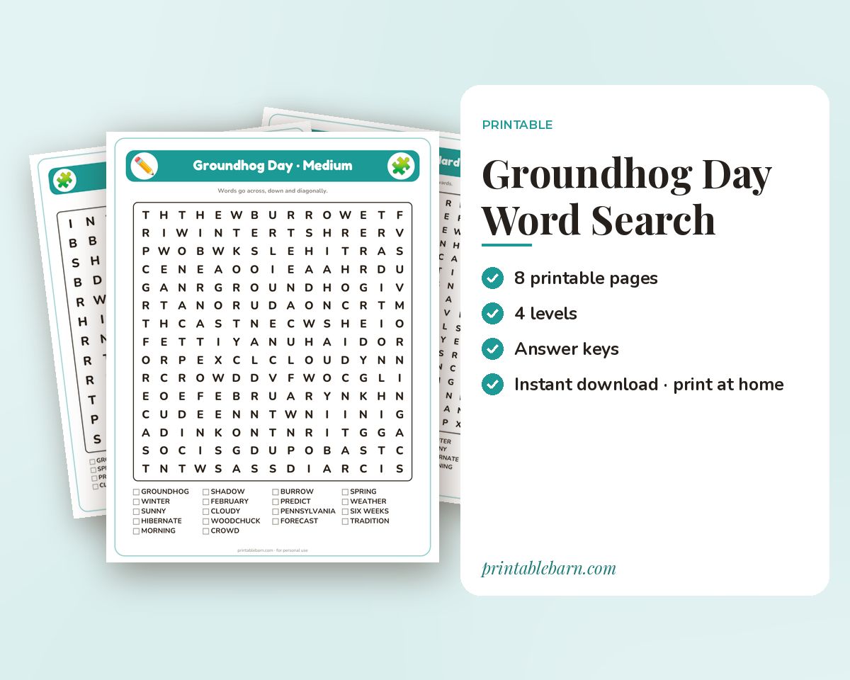 Groundhog Day Word Search Printable: 4 Puzzles (Easy to Hard + Large Print) printable preview 1
