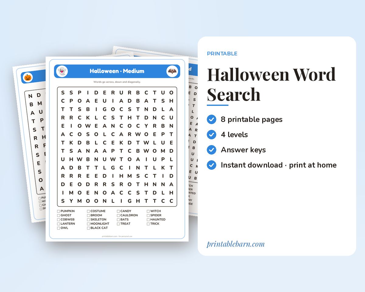 Halloween Word Search Printable: 4 Puzzles (Easy to Hard + Large Print)