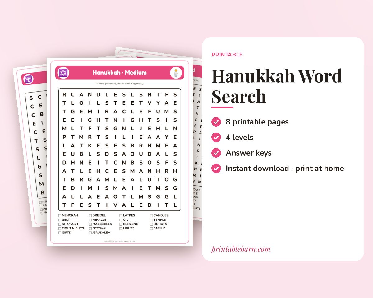 Hanukkah Word Search Printable: 4 Puzzles (Easy to Hard + Large Print) printable preview 1