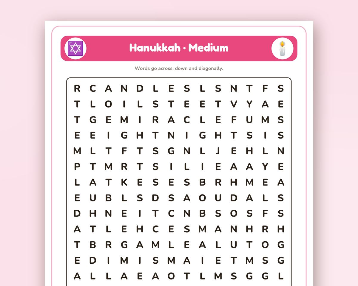 Hanukkah Word Search Printable: 4 Puzzles (Easy to Hard + Large Print) printable preview 2