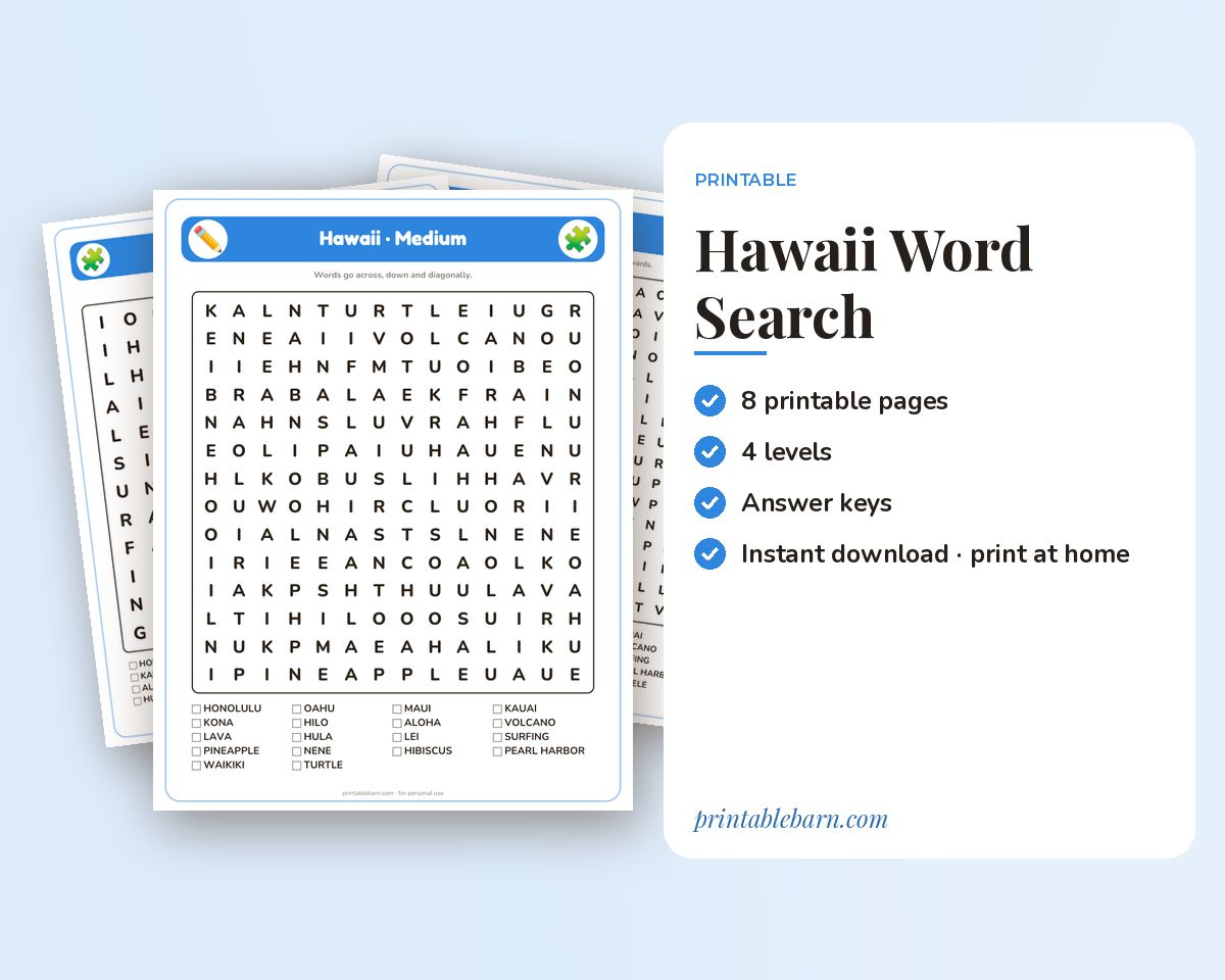 Hawaii Word Search Printable: 4 Puzzles (Easy to Hard + Large Print) printable preview 1