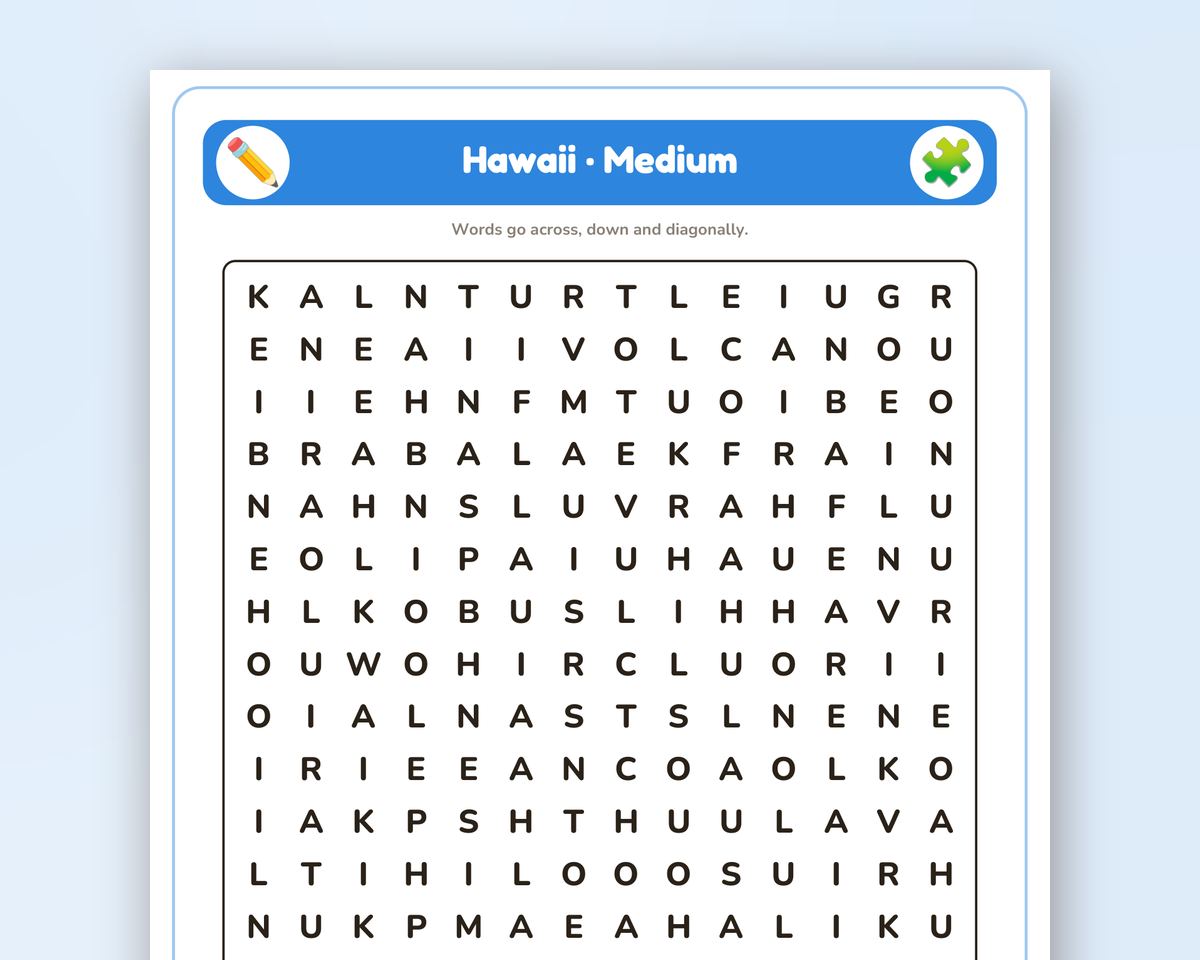 Hawaii Word Search Printable: 4 Puzzles (Easy to Hard + Large Print) printable preview 2