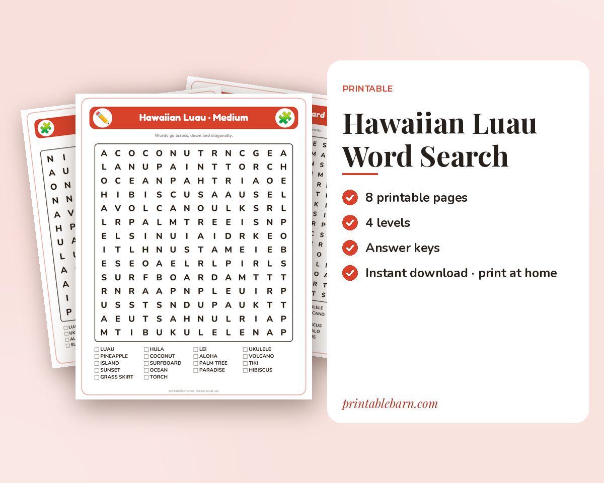 Hawaiian Luau Word Search Printable: 4 Puzzles (Easy to Hard + Large Print) printable preview 1