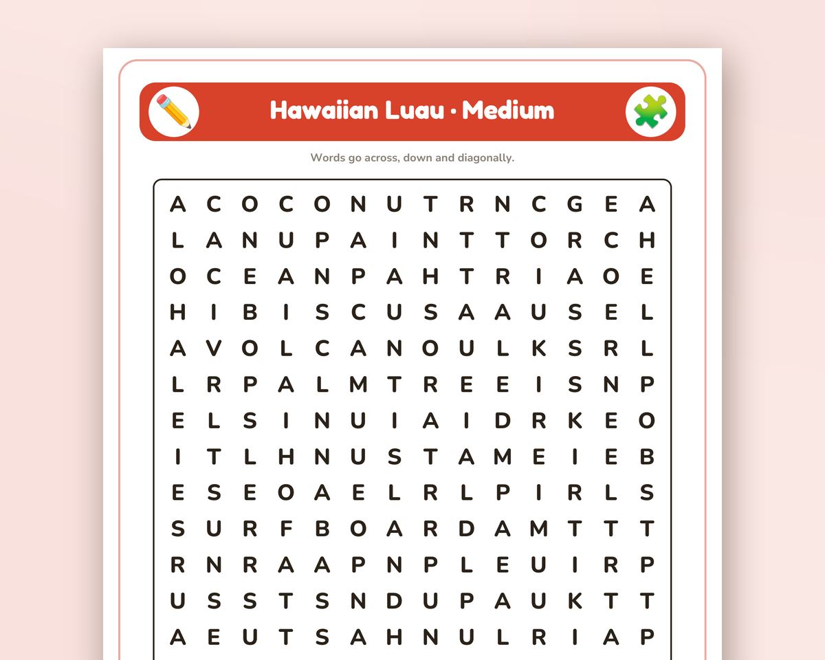 Hawaiian Luau Word Search Printable: 4 Puzzles (Easy to Hard + Large Print) printable preview 2