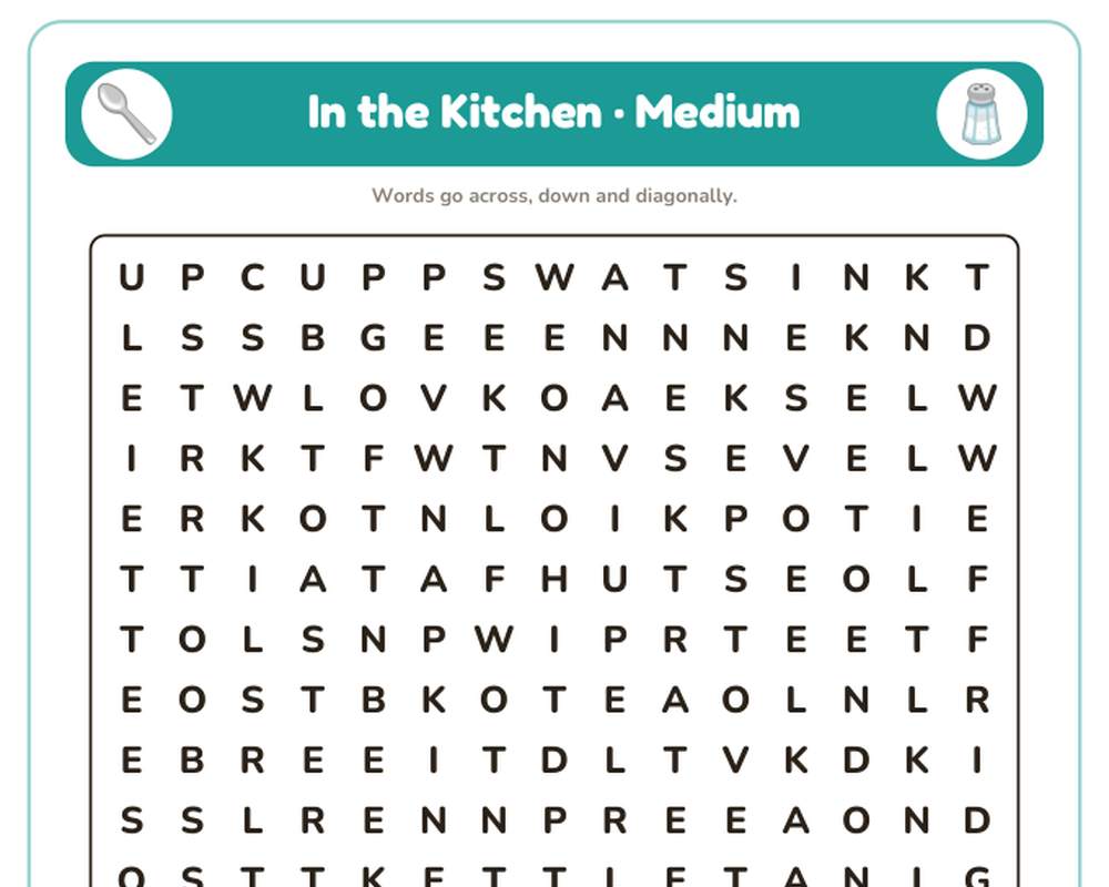Free printable In the Kitchen Word Search sample page