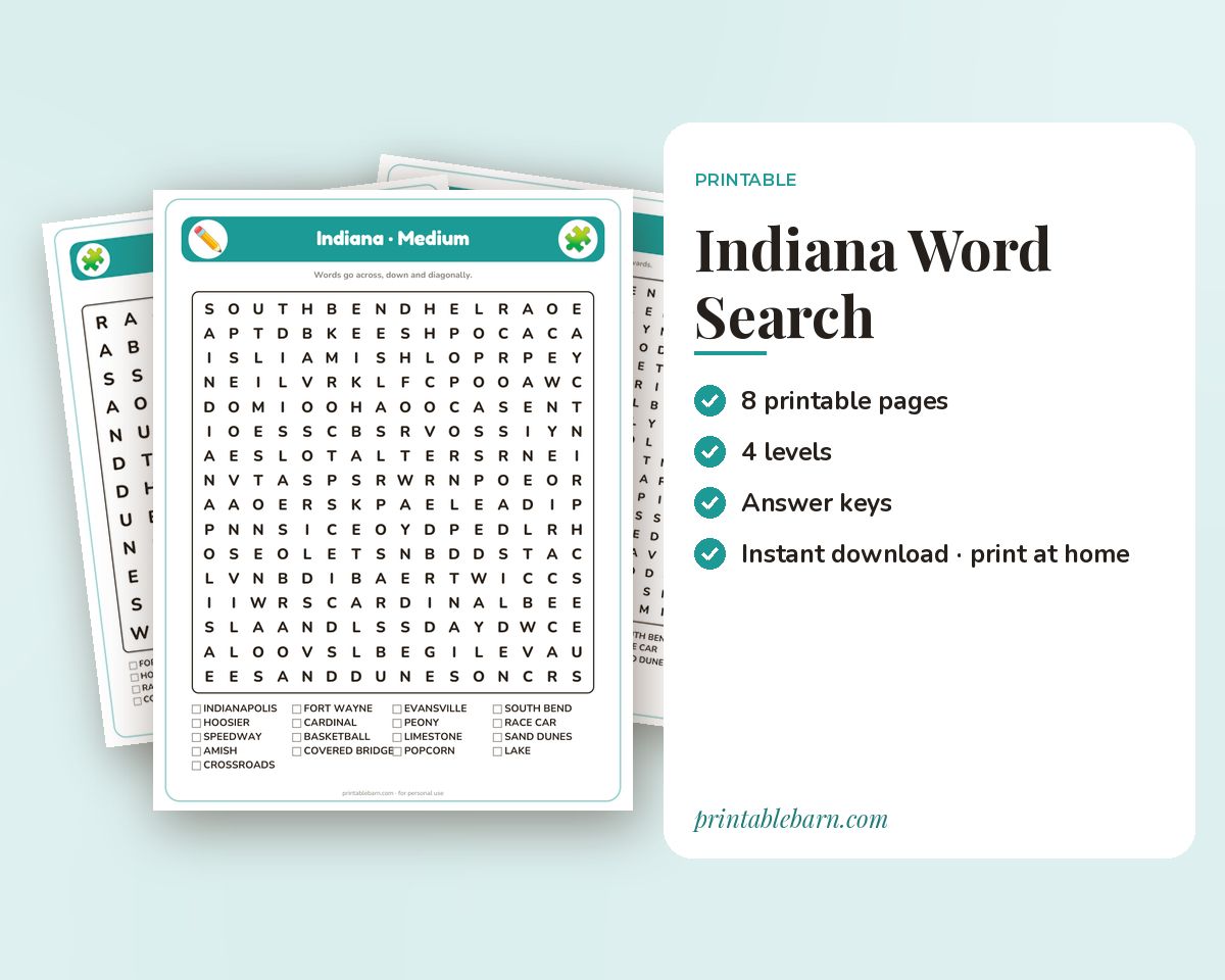 Indiana Word Search Printable: 4 Puzzles (Easy to Hard + Large Print) printable preview 1