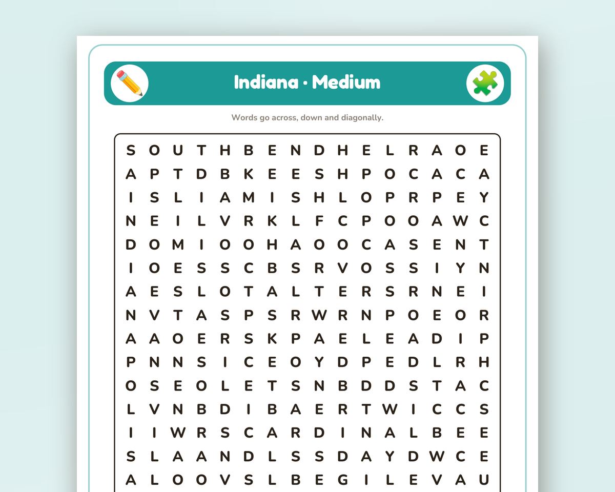 Indiana Word Search Printable: 4 Puzzles (Easy to Hard + Large Print) printable preview 2