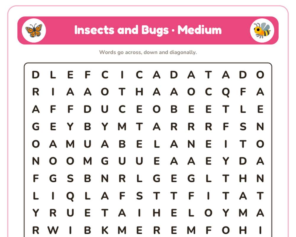 Insects and Bugs Word Search Printable: 4 Puzzles (Easy to Hard + Large Print) printable preview 2