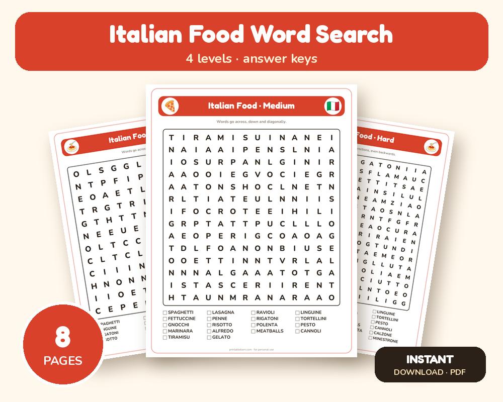 Italian Food Word Search Printable: 4 Puzzles (Easy to Hard + Large Print)