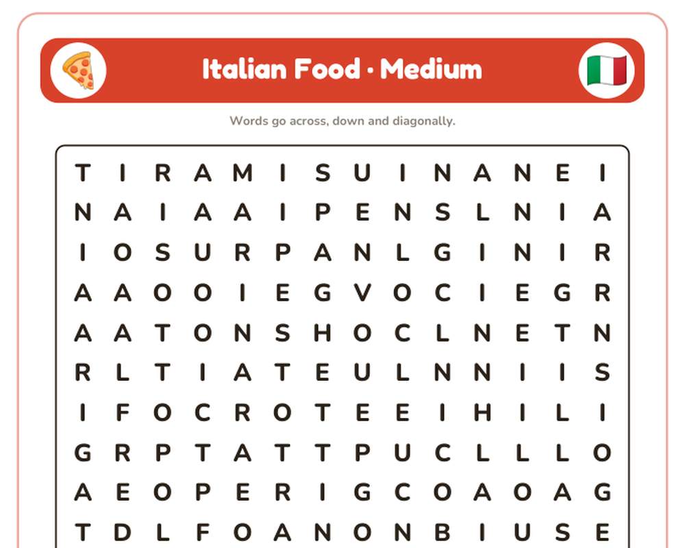 Italian Food Word Search Printable: 4 Puzzles (Easy to Hard + Large Print) printable preview 2